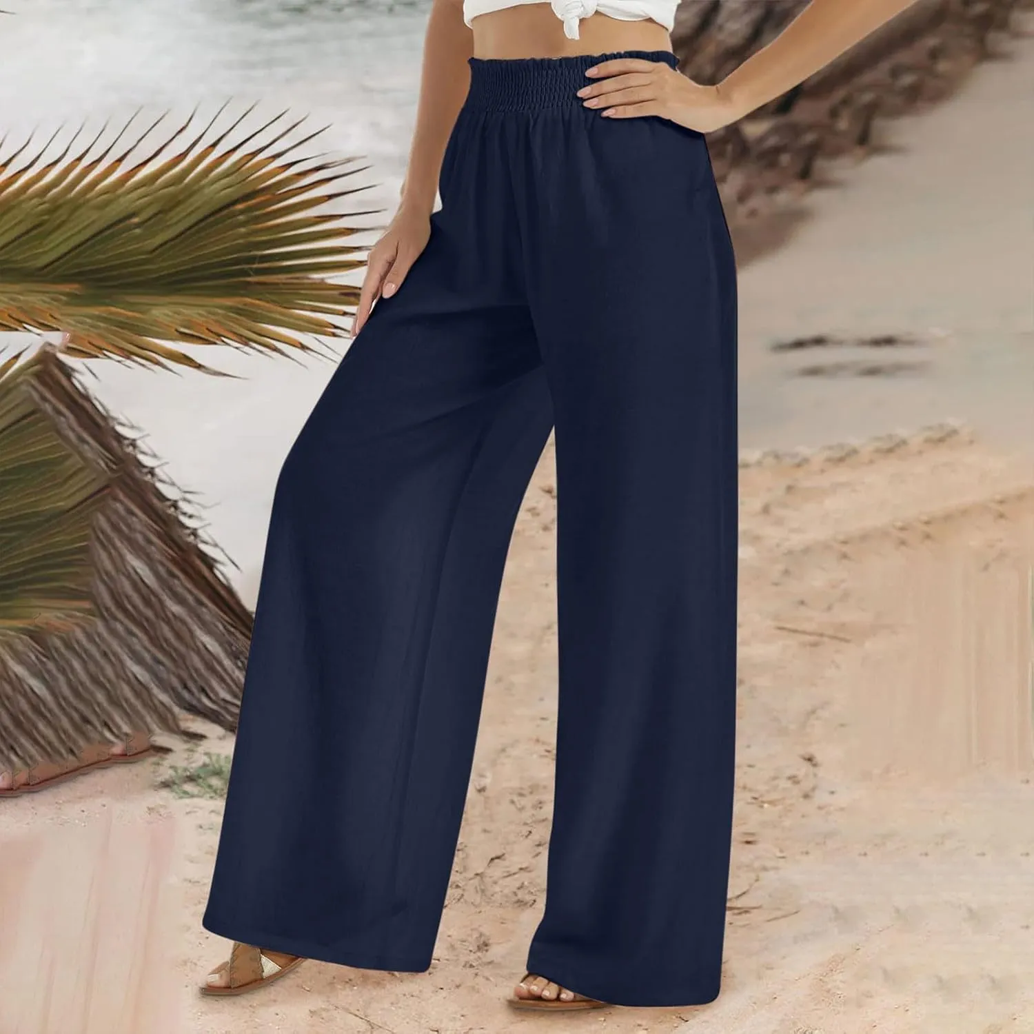 High Cut Flare Wide Leg Trousers Pants for Women Summer Fall Linen Loose Fit Trousers Pants Women 2025