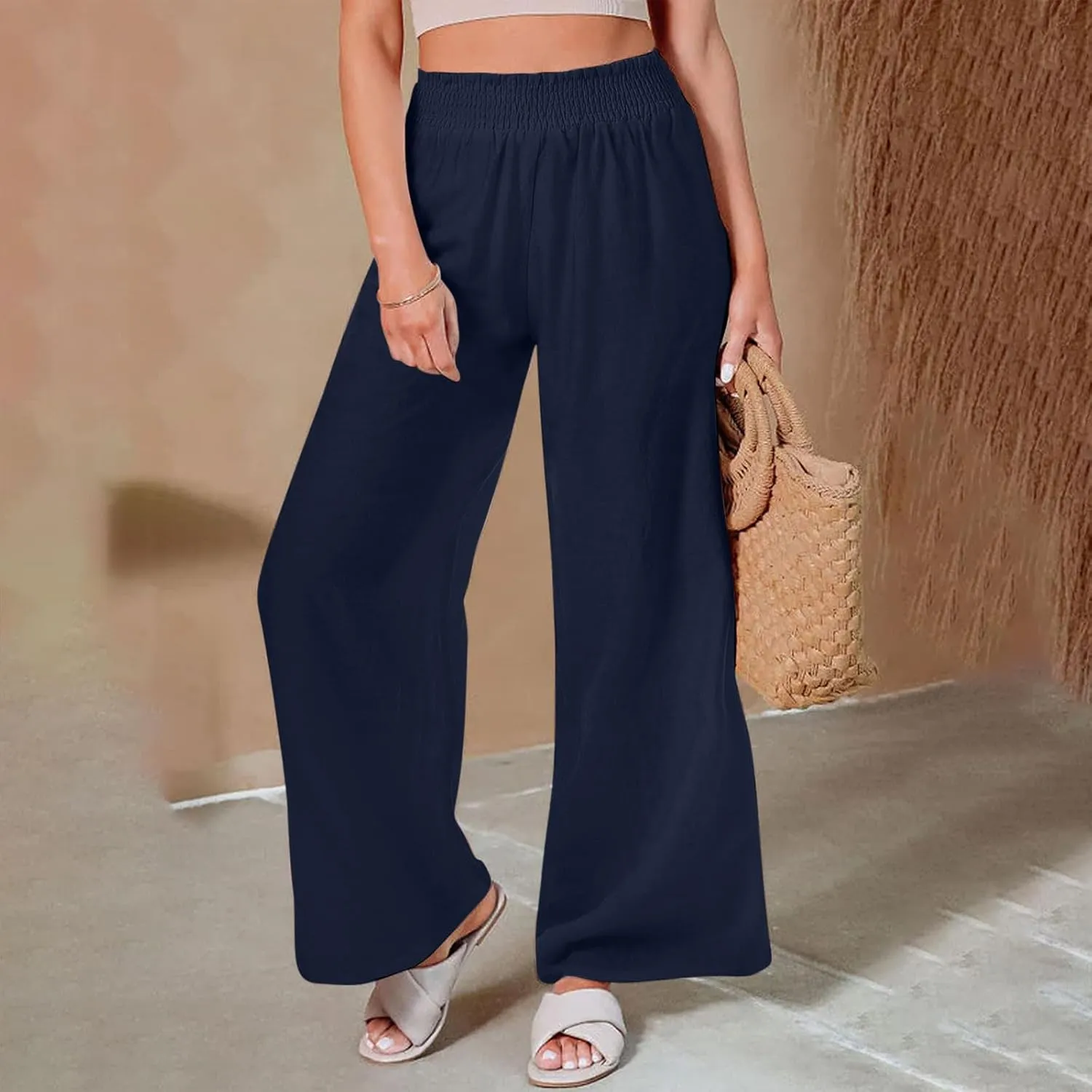 High Cut Flare Wide Leg Trousers Pants for Women Summer Fall Linen Loose Fit Trousers Pants Women 2025