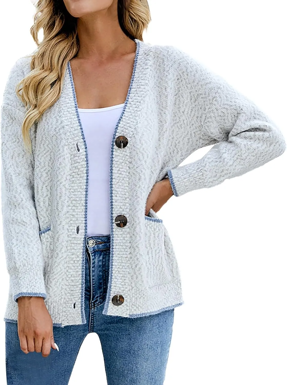 Knitted Cardigans for Women Cropped Open Front Button Down V Neck Long Sleeve Sweater Coats with Pockets Casual Soft Outwear