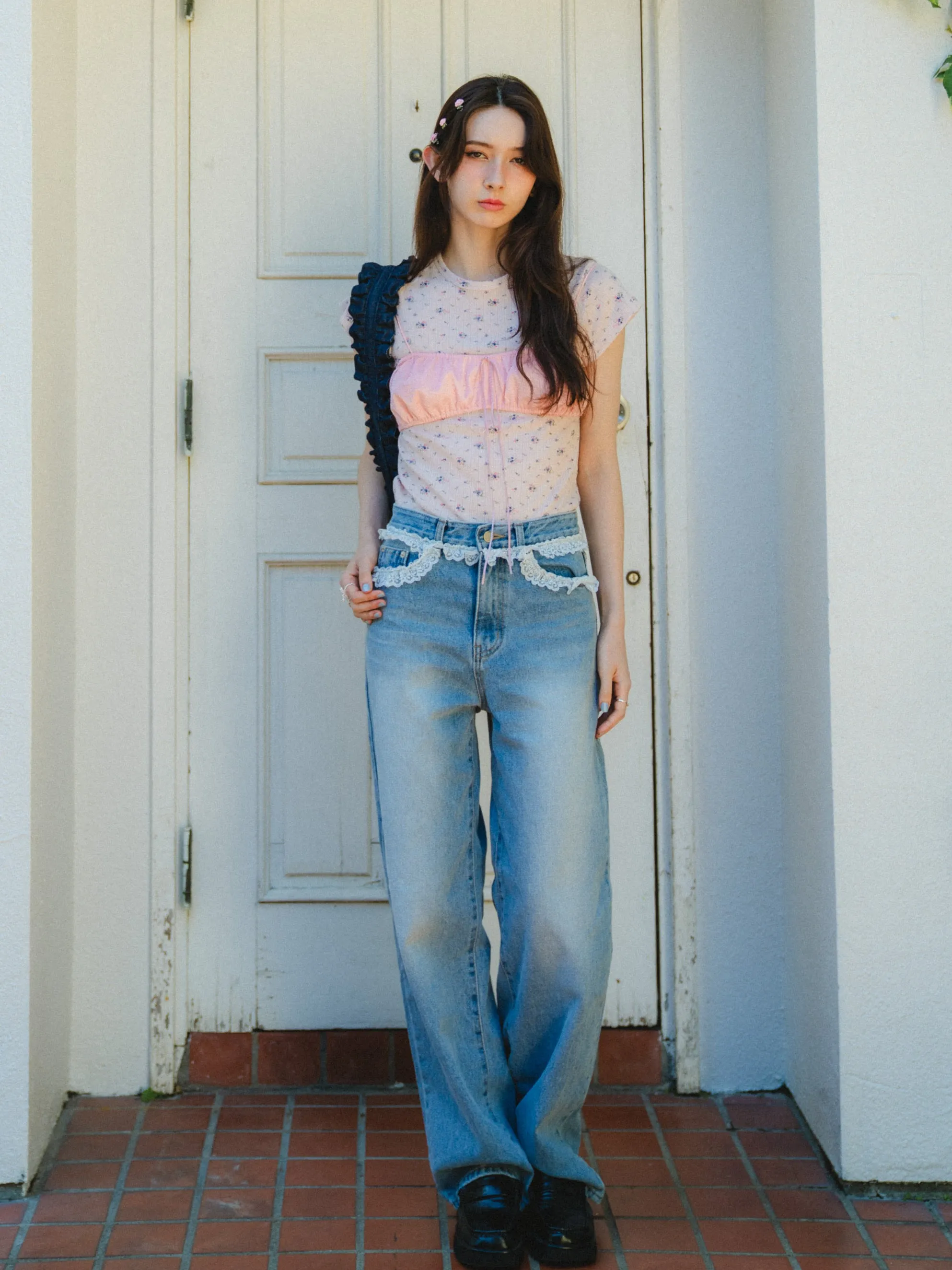 Lace Design Loose Jeans