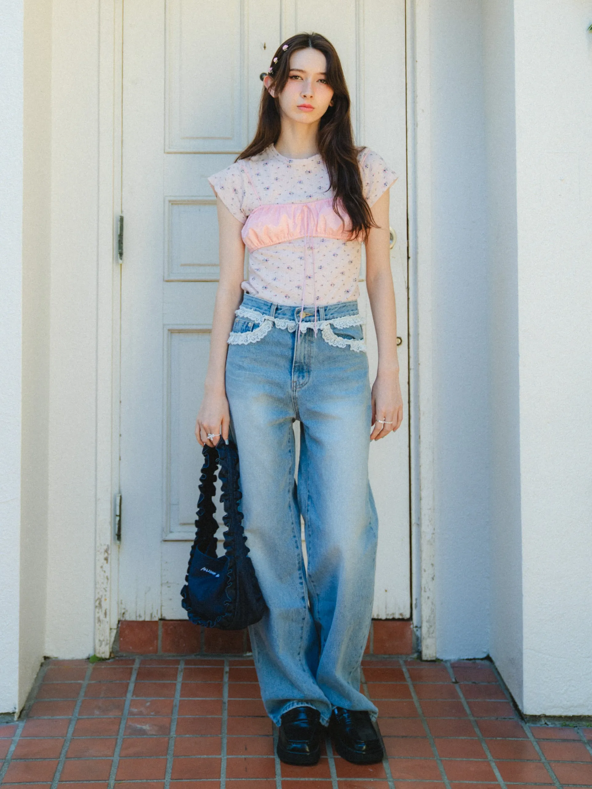 Lace Design Loose Jeans