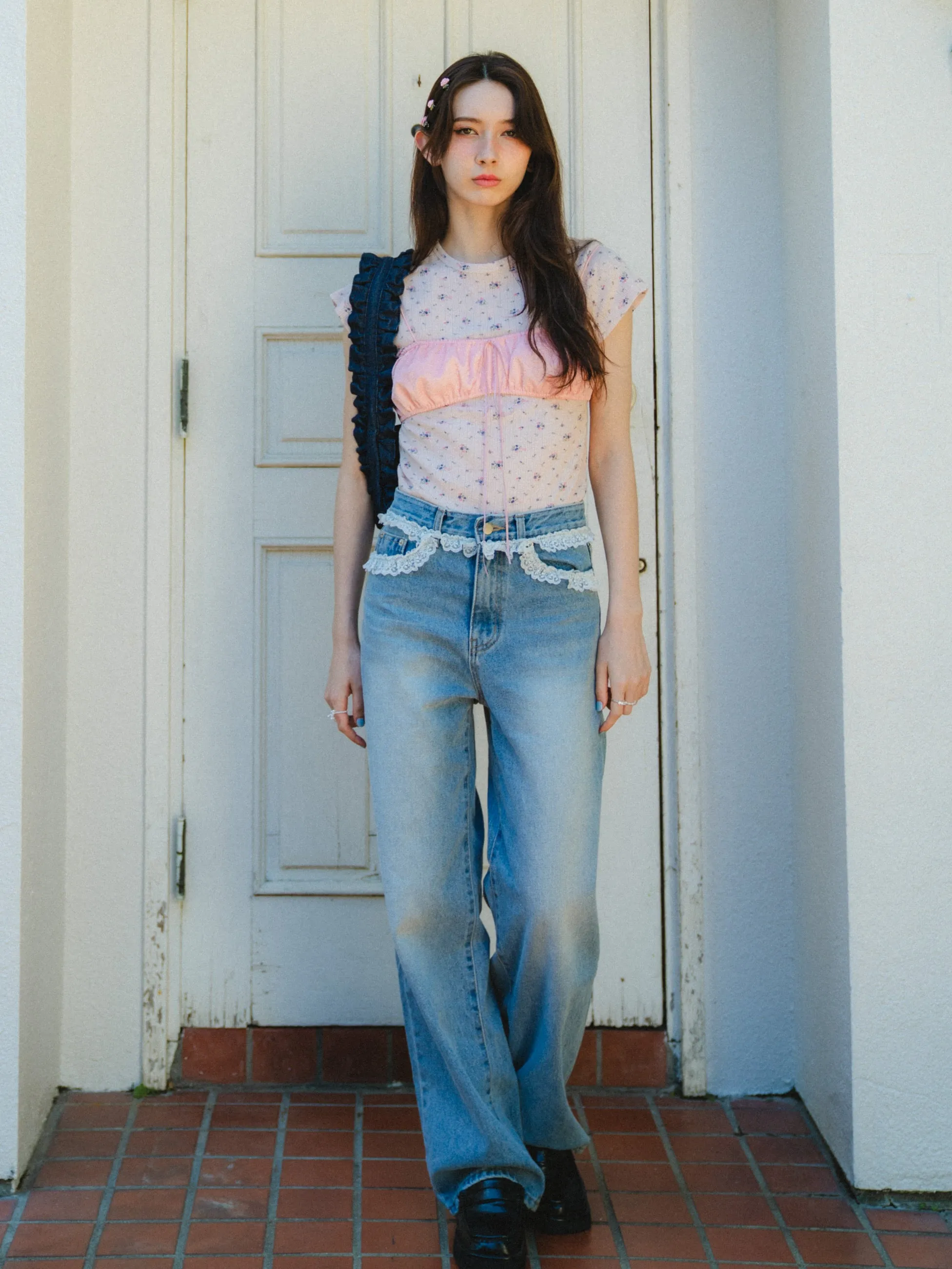 Lace Design Loose Jeans