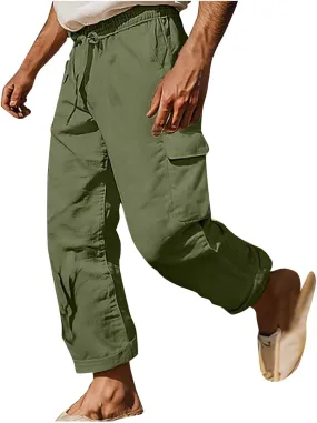 Linen Cargo Pants Men Baggy Lightweight Casual Summer Beach Yoga Pants Multi Pockets Tactical Trousers Hiking Jogger