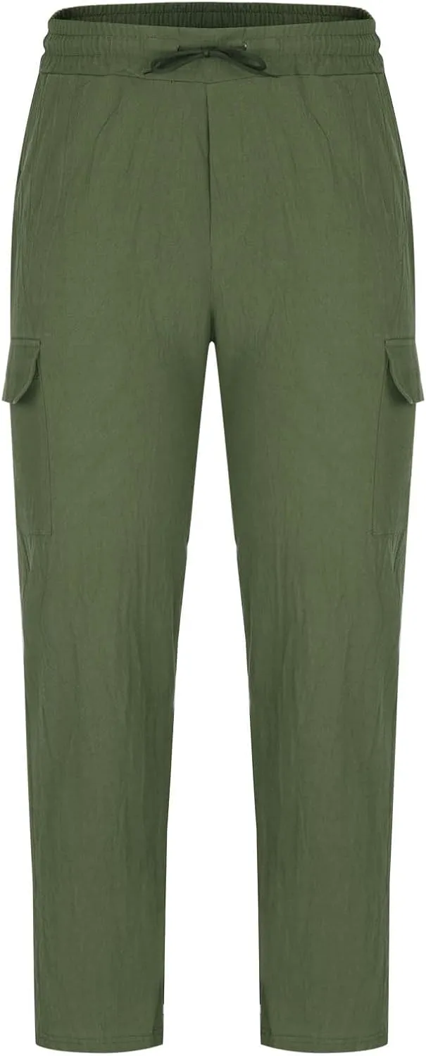 Linen Cargo Pants Men Baggy Lightweight Casual Summer Beach Yoga Pants Multi Pockets Tactical Trousers Hiking Jogger