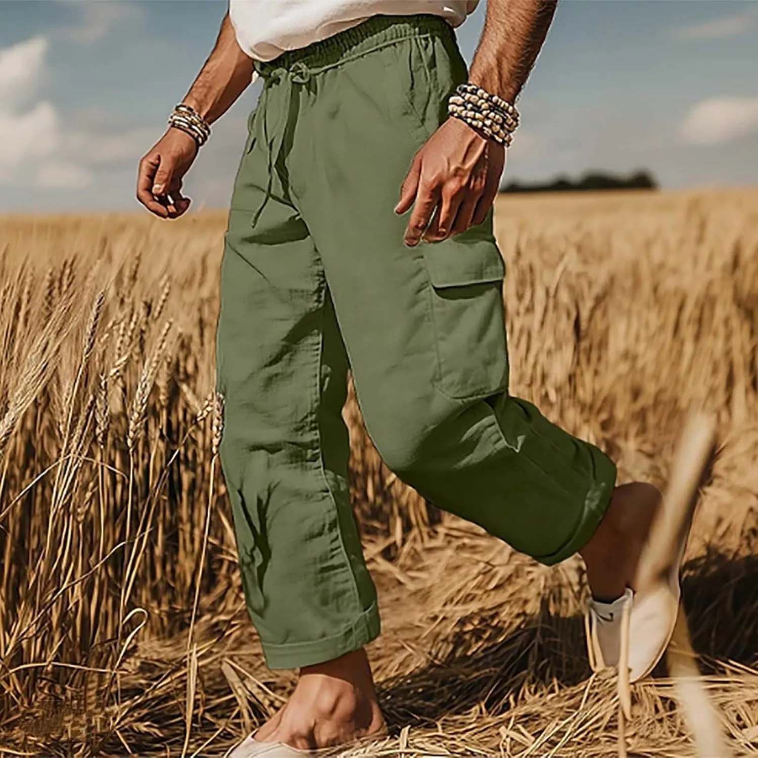 Linen Cargo Pants Men Baggy Lightweight Casual Summer Beach Yoga Pants Multi Pockets Tactical Trousers Hiking Jogger