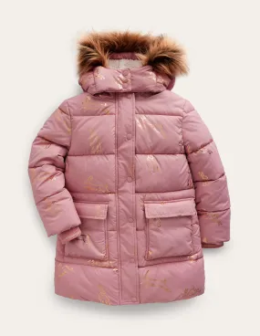 Longline Padded Coat-Almond Pink Foil Bunnies