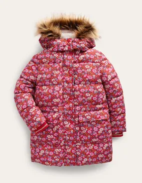 Longline Padded Coat-Brilliant Red Flowerbed