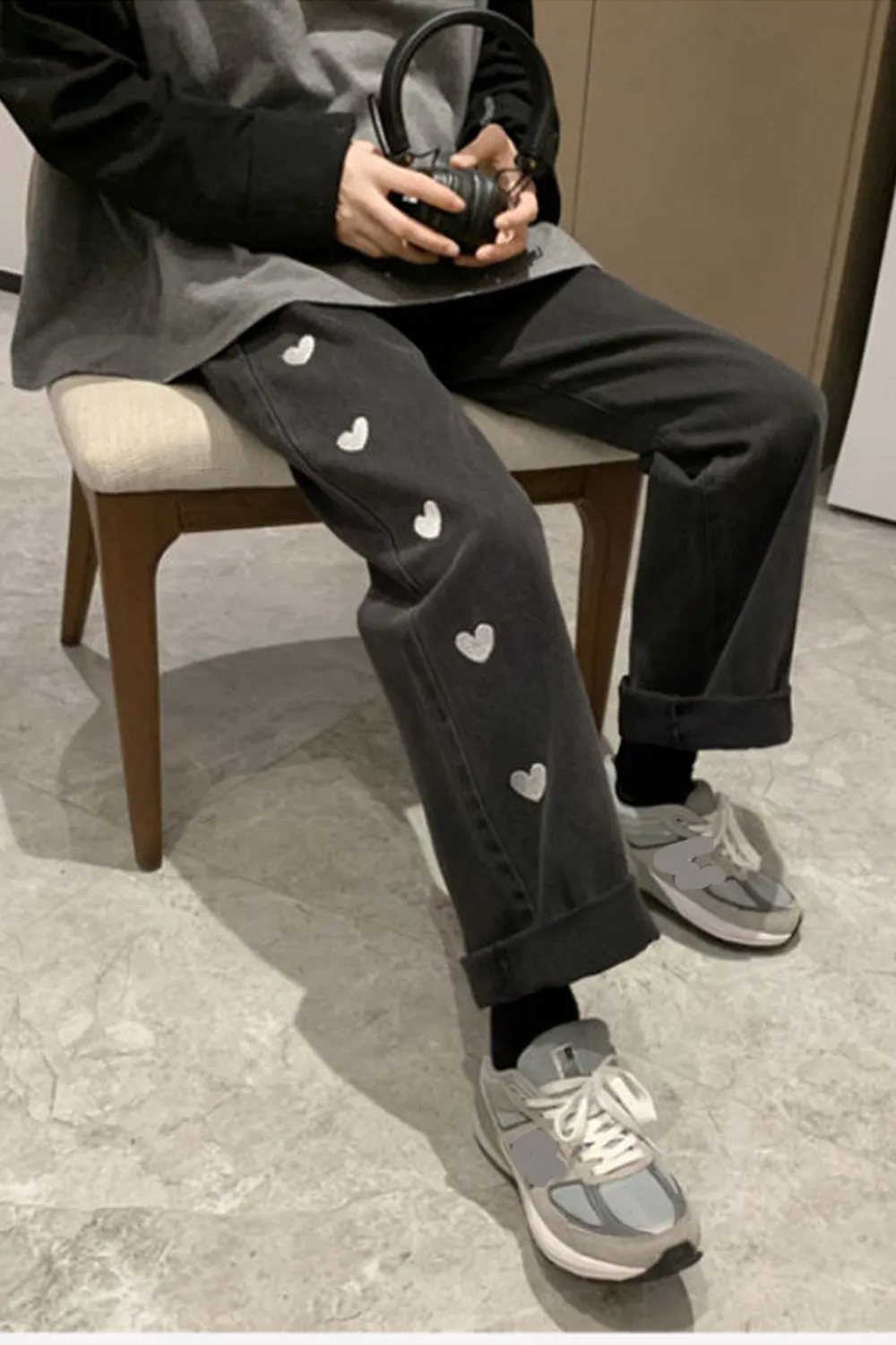 Loose Heart Printed Jeans Pants