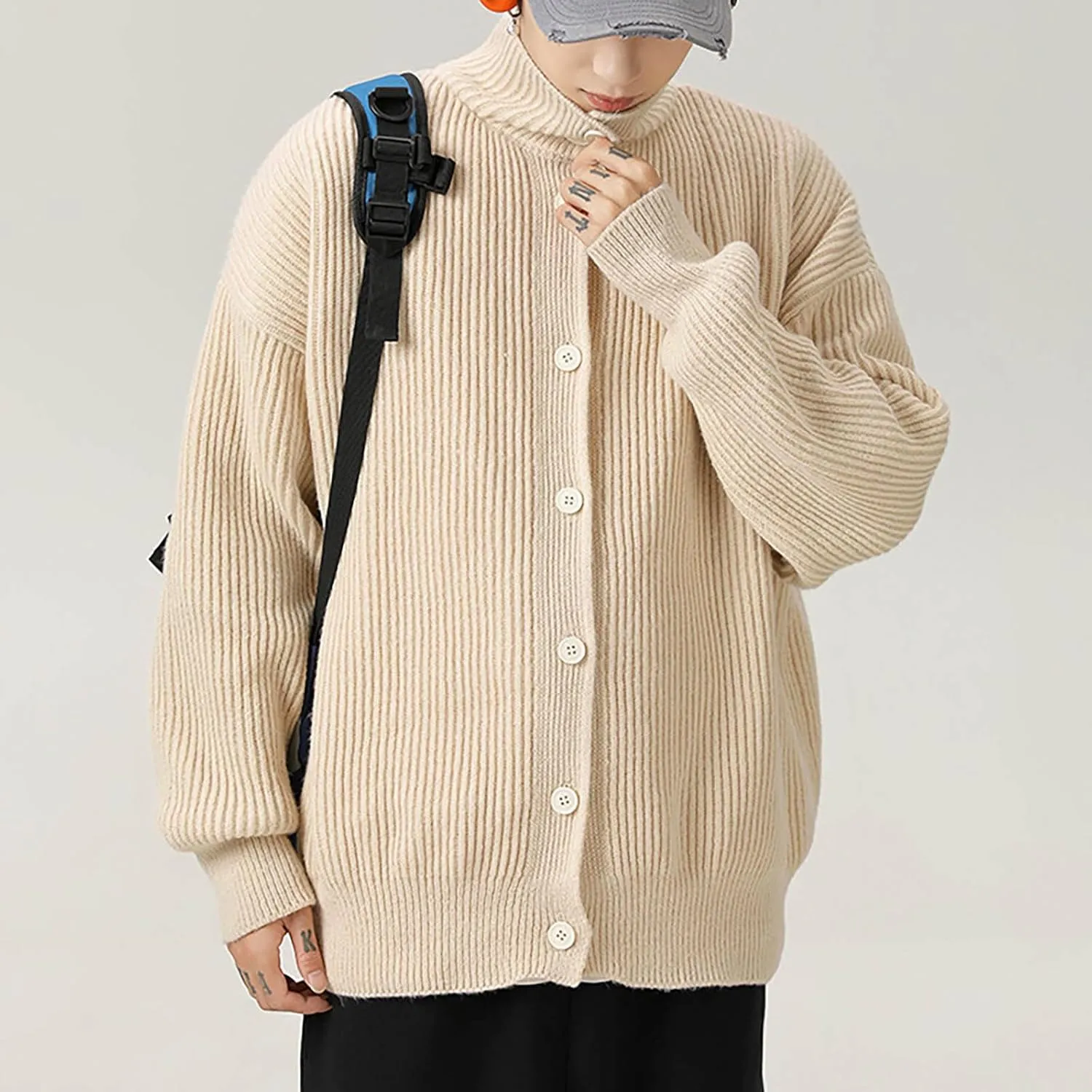 Men Knit Cardigan Sweater Stand Collar Casual Button Down Long Sleeve Sweaters Jacket Coat Soft Comfy Knitted Outwear