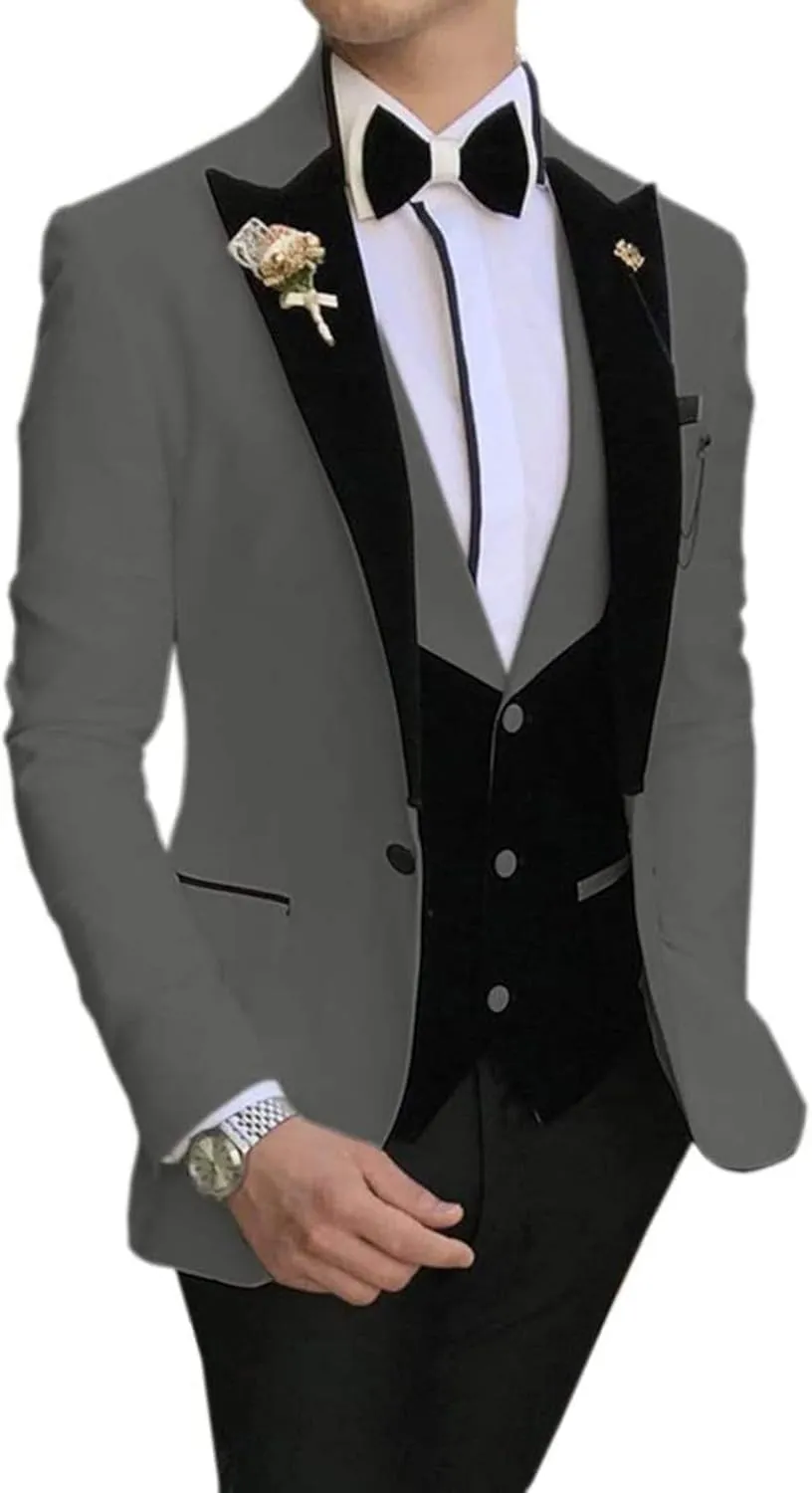 Men's 3 Pieces Classic Mens Suit Slim Fit Notch Lapel Blazer Tuxedos For Wedding Groomsmen(Blazer Vest Pants)
