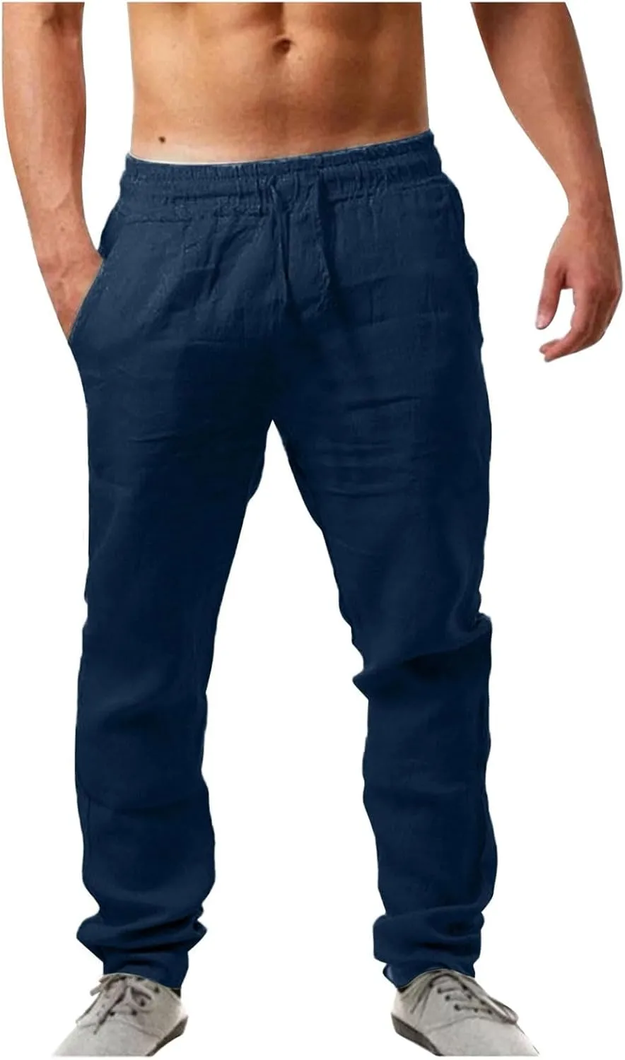 Mens Casual Pants, Elastic Waist Drawstring Summer Breathable Cotton Jogger Pants Linen Yoga Beach Trousers with Pockets