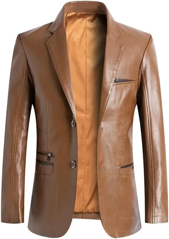 Mens Leather Blazer Jacket Classic Motorcycle Lightweight Suit Jacket PU Leather Outwear Coat