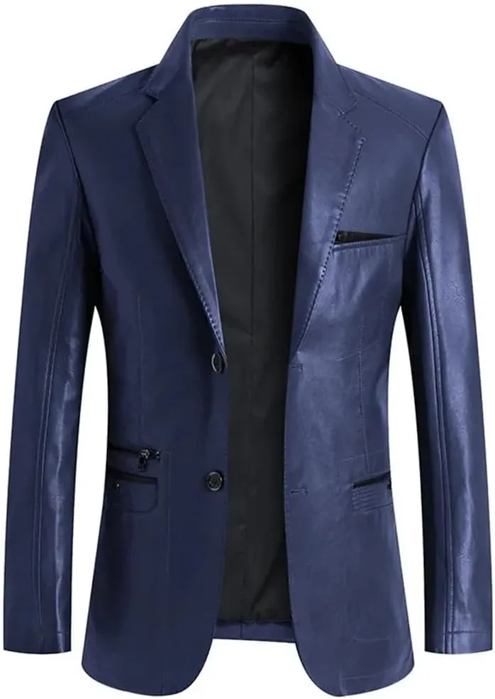 Mens Leather Blazer Jacket Classic Motorcycle Lightweight Suit Jacket PU Leather Outwear Coat