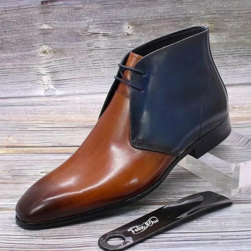Men's Modern Luxury Cognac & Blue Leather Booties