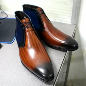 Men's Modern Luxury Cognac & Blue Leather Booties