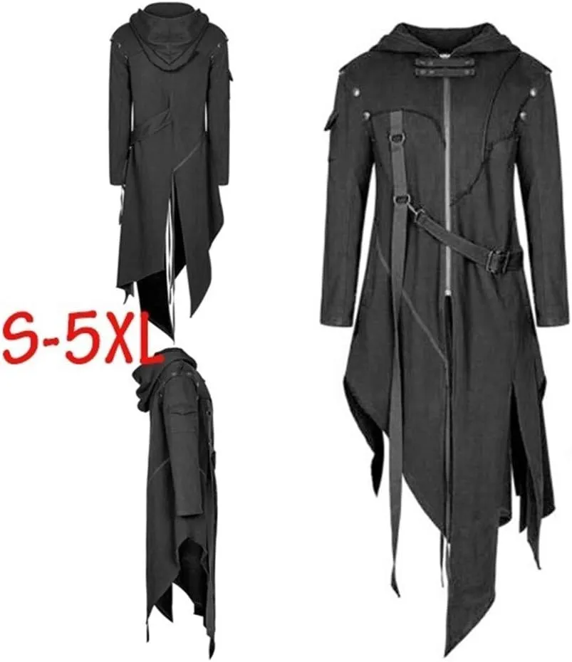 Men's Vintage Zipper Up Asymmetrical Hoodie Jacket, Irregular Longline Retro Punk Style Party Outwear Coat