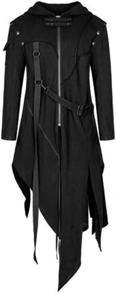 Men's Vintage Zipper Up Asymmetrical Hoodie Jacket, Irregular Longline Retro Punk Style Party Outwear Coat