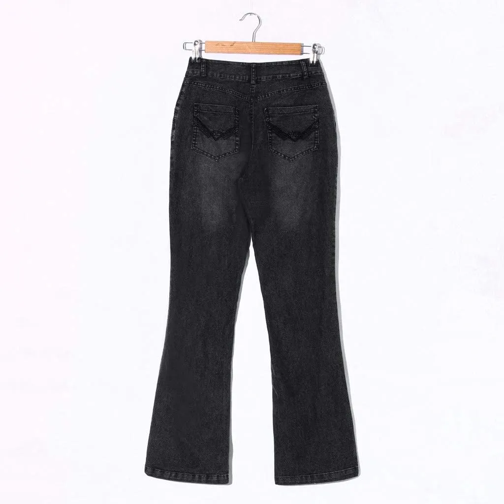 Mid Jeans Jeans Denim Stretch Pants Button Women Embroidery Waisted Flare Women's Name Brand Jeans for Women