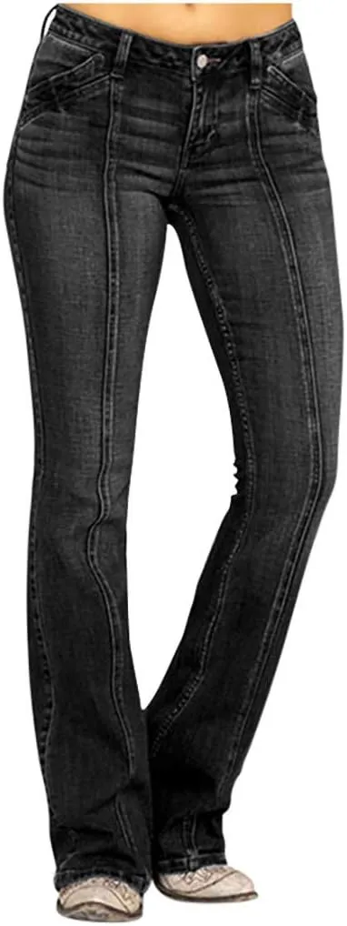 Mid Jeans Jeans Denim Stretch Pants Button Women Embroidery Waisted Flare Women's Name Brand Jeans for Women