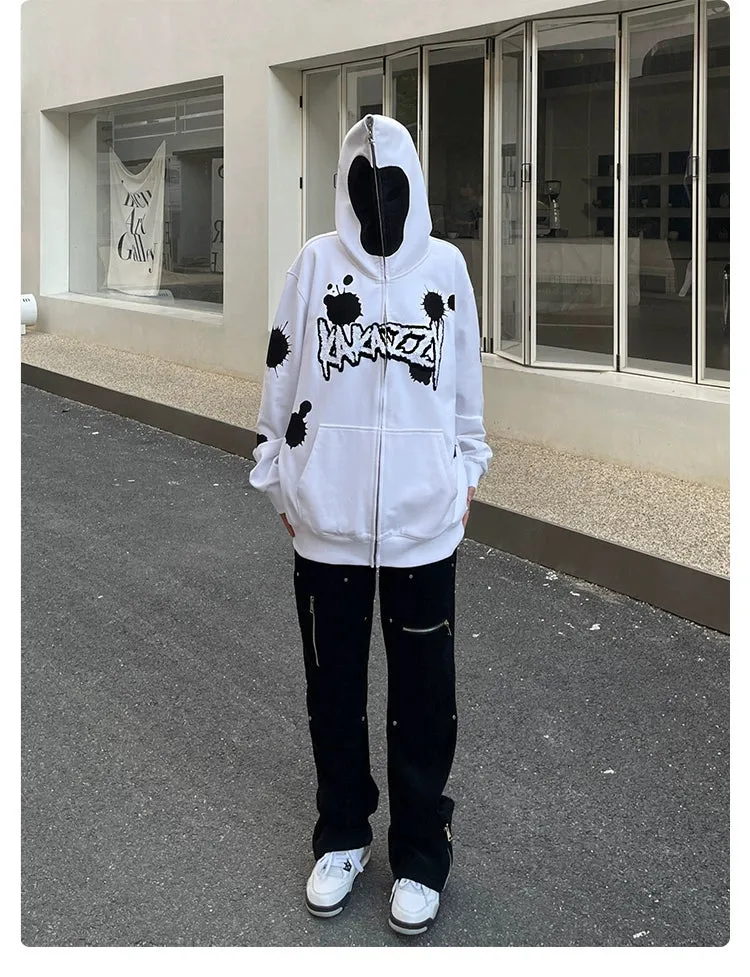 Monochrome Ink Splatter Hoodie - 400GSM Oversized White and Black Zip-Up Streetwear Sweatshirt