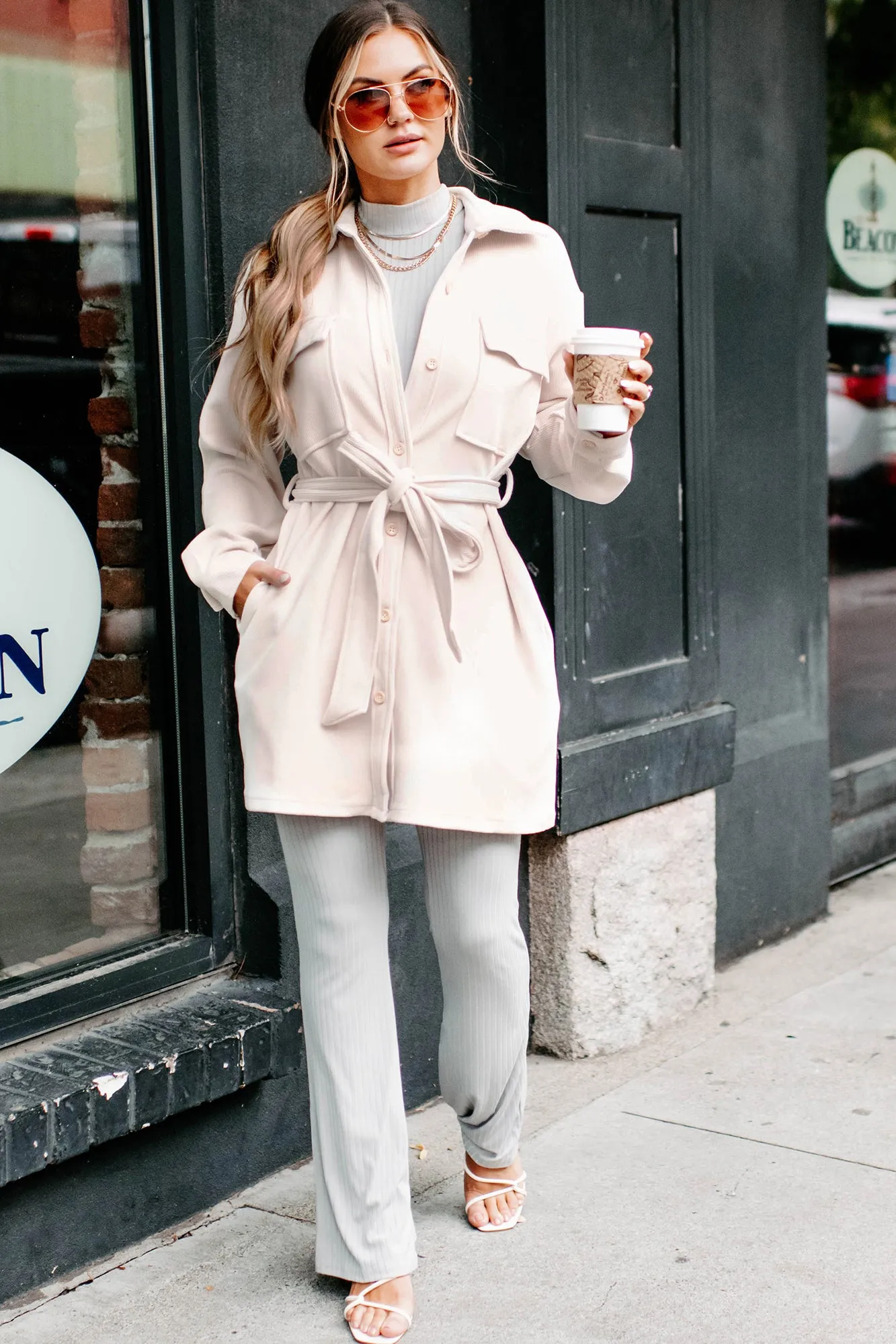No Wrong Answers Longline Belted Corduroy Shacket (Cream)