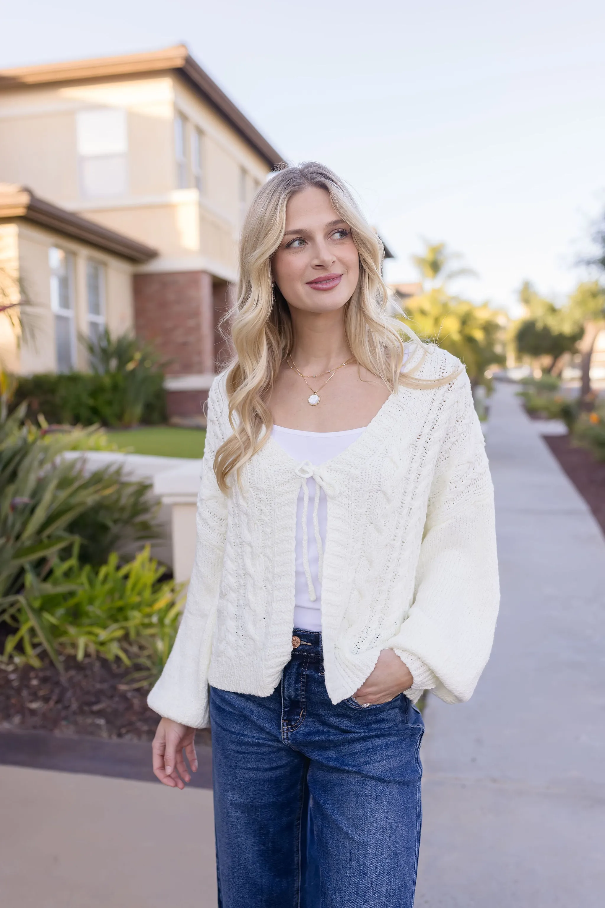 Peyton Long Sleeve Front Tie Knit Cardigan White