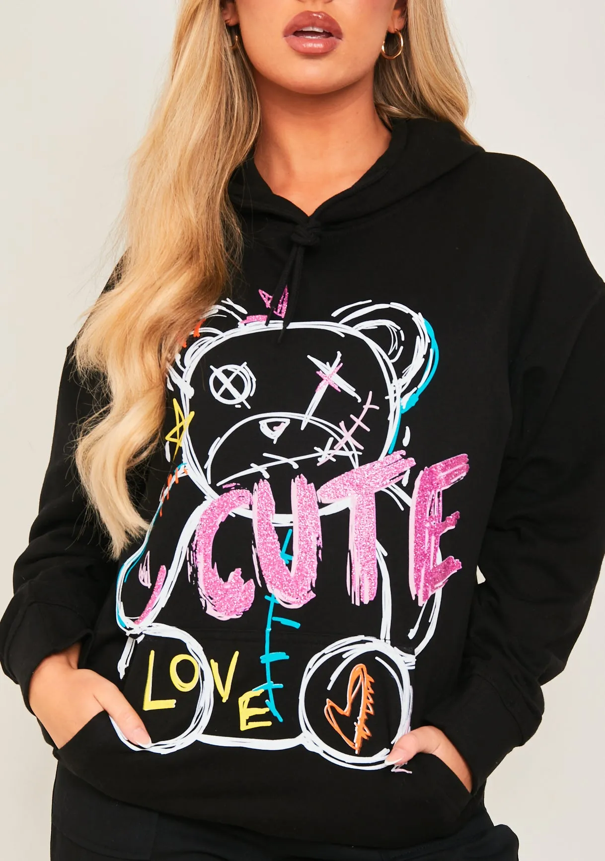 Pippa Black Bear Print Graffiti Hoodie