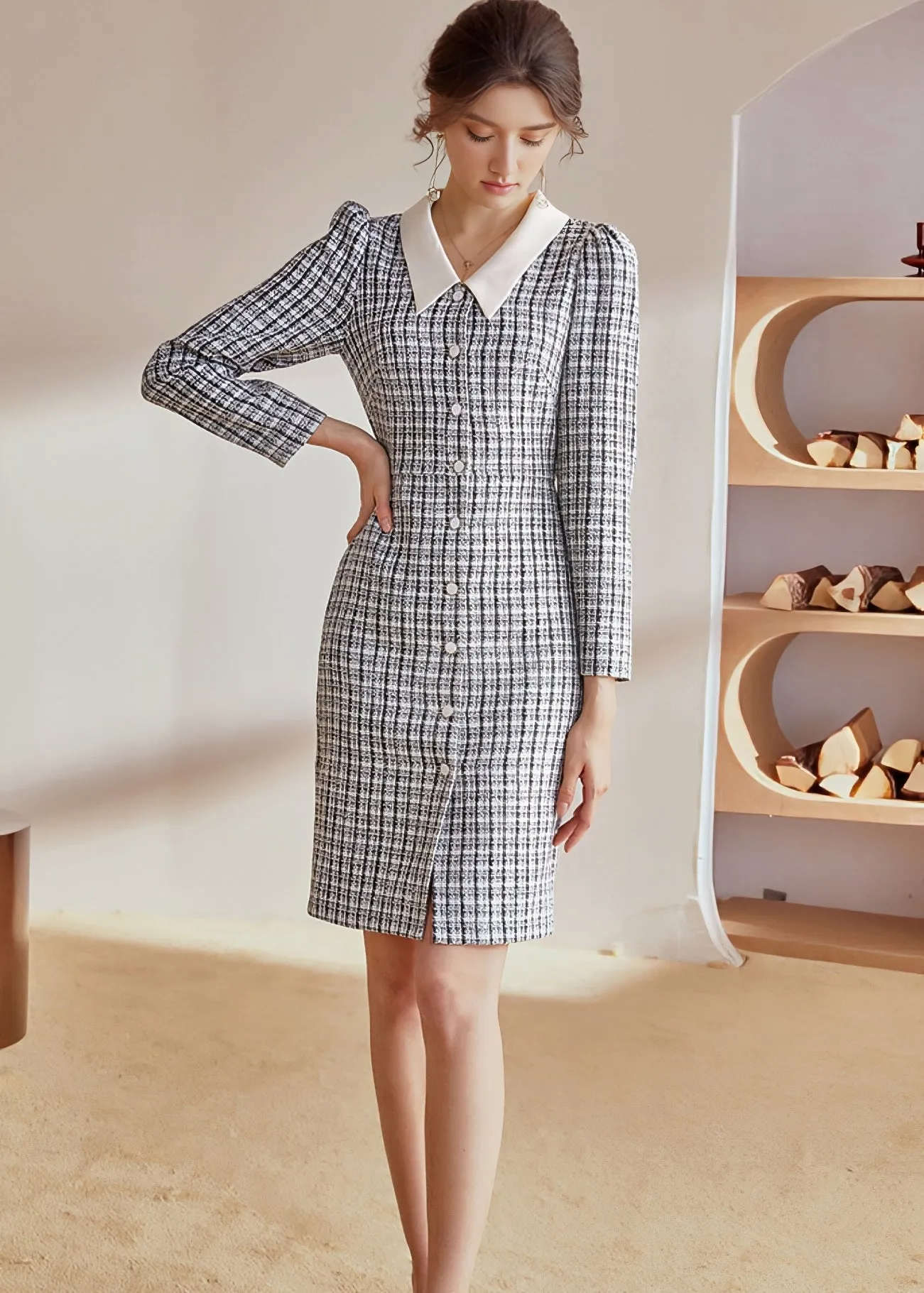 PLAID TWEED SLIM DRESS