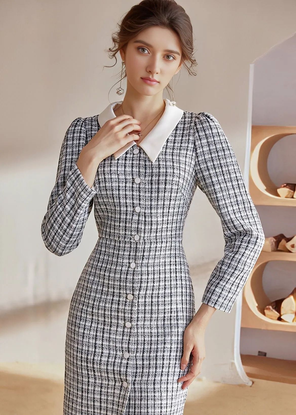 PLAID TWEED SLIM DRESS