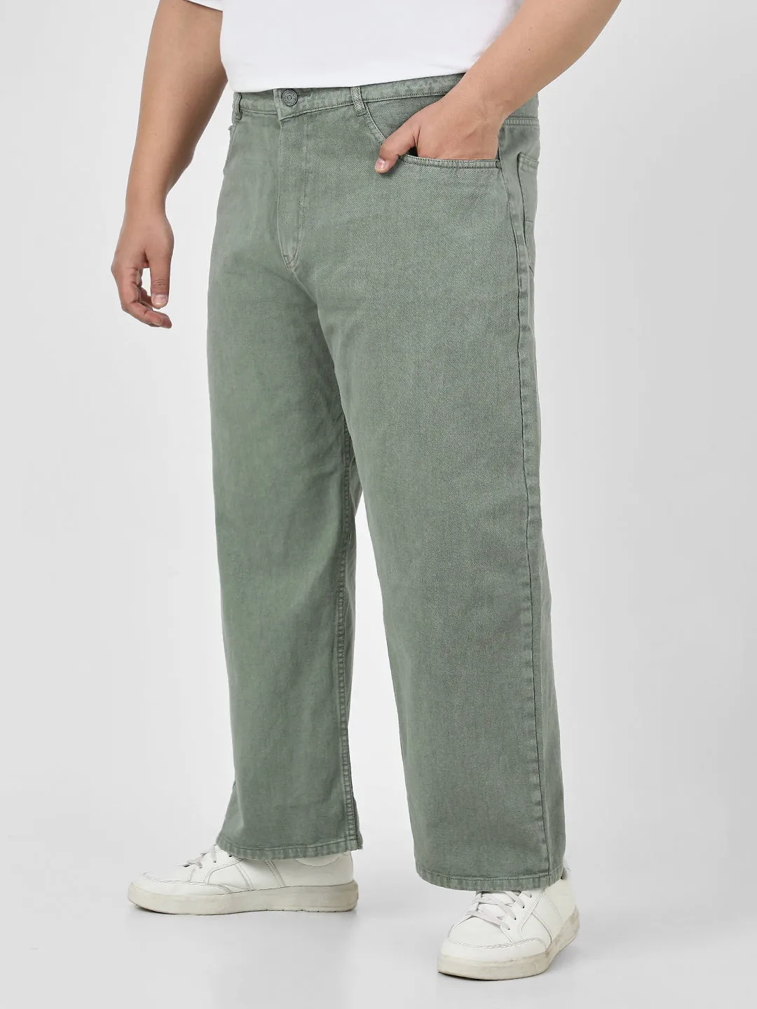 Plus Men's Olive Green Loose Baggy Fit Washed Jeans Non-Stretchable