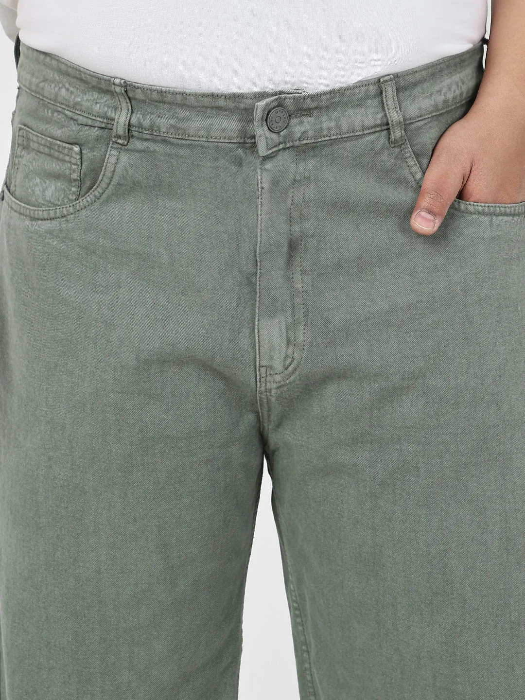 Plus Men's Olive Green Loose Baggy Fit Washed Jeans Non-Stretchable