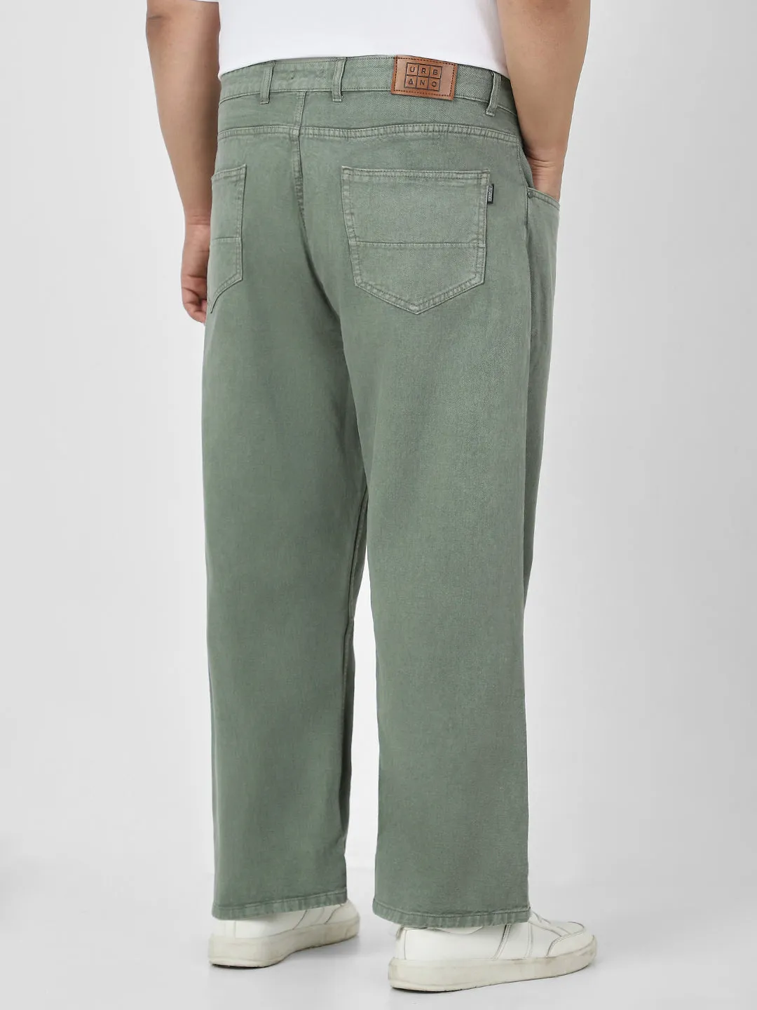 Plus Men's Olive Green Loose Baggy Fit Washed Jeans Non-Stretchable