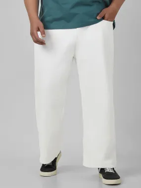 Plus Men's White Loose Baggy Fit Washed Jeans Non-Stretchable