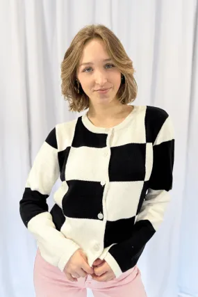Round Neck Checker Cardi in Black