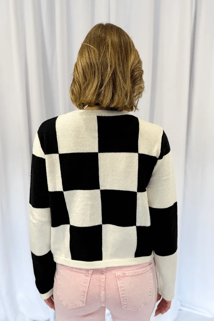 Round Neck Checker Cardi in Black