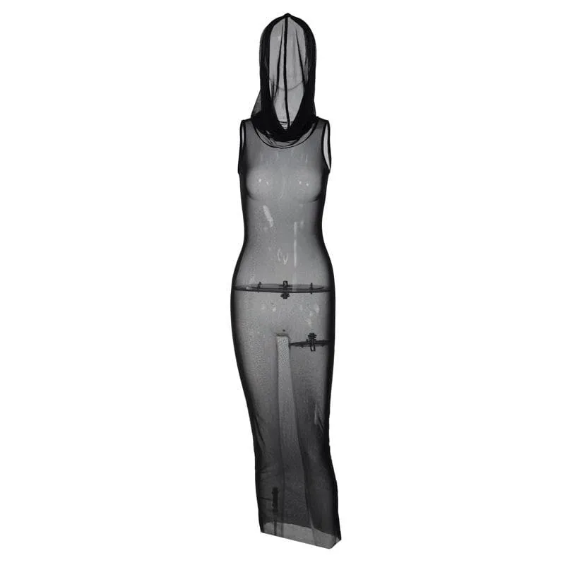 Sheer mesh see through hoodie sleeveless maxi dress  | samba dress