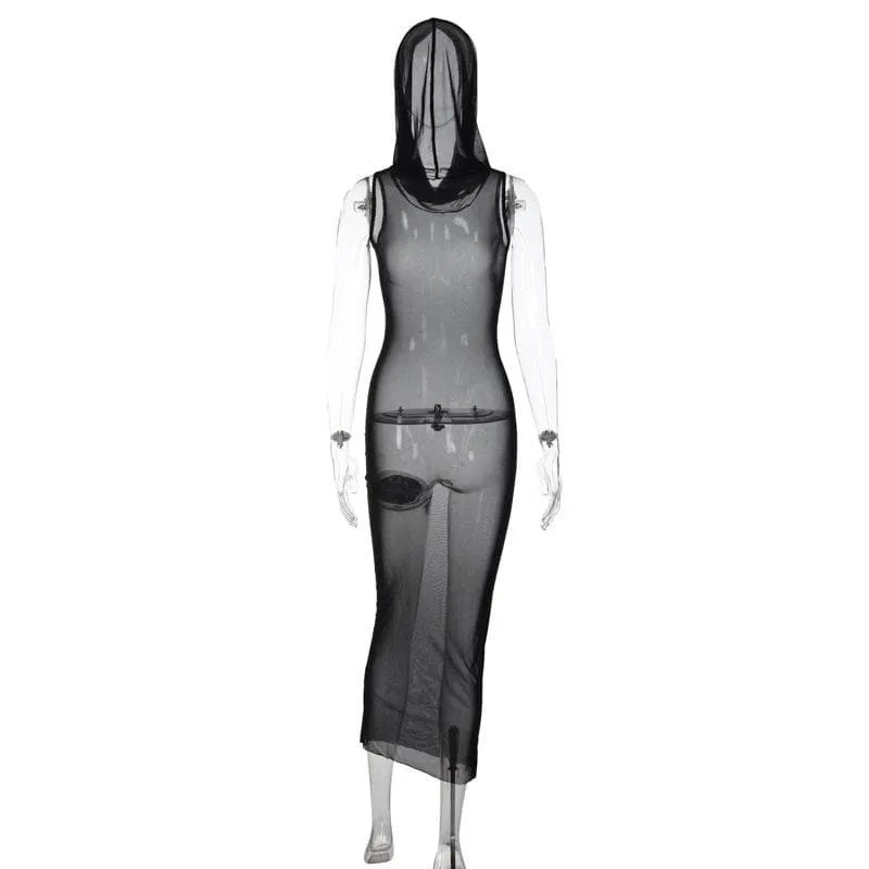 Sheer mesh see through hoodie sleeveless maxi dress  | samba dress