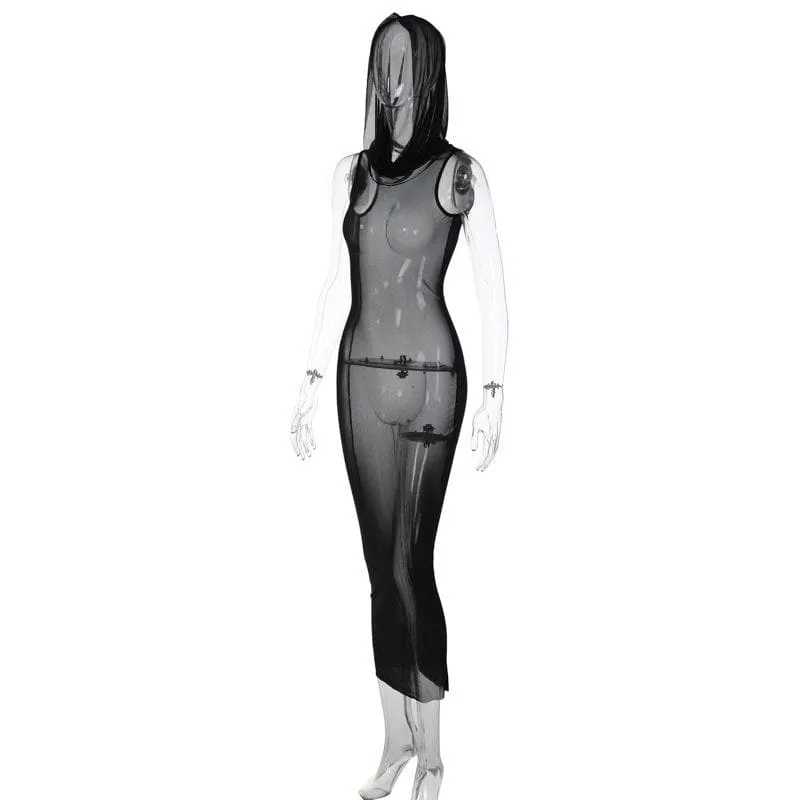 Sheer mesh see through hoodie sleeveless maxi dress  | samba dress