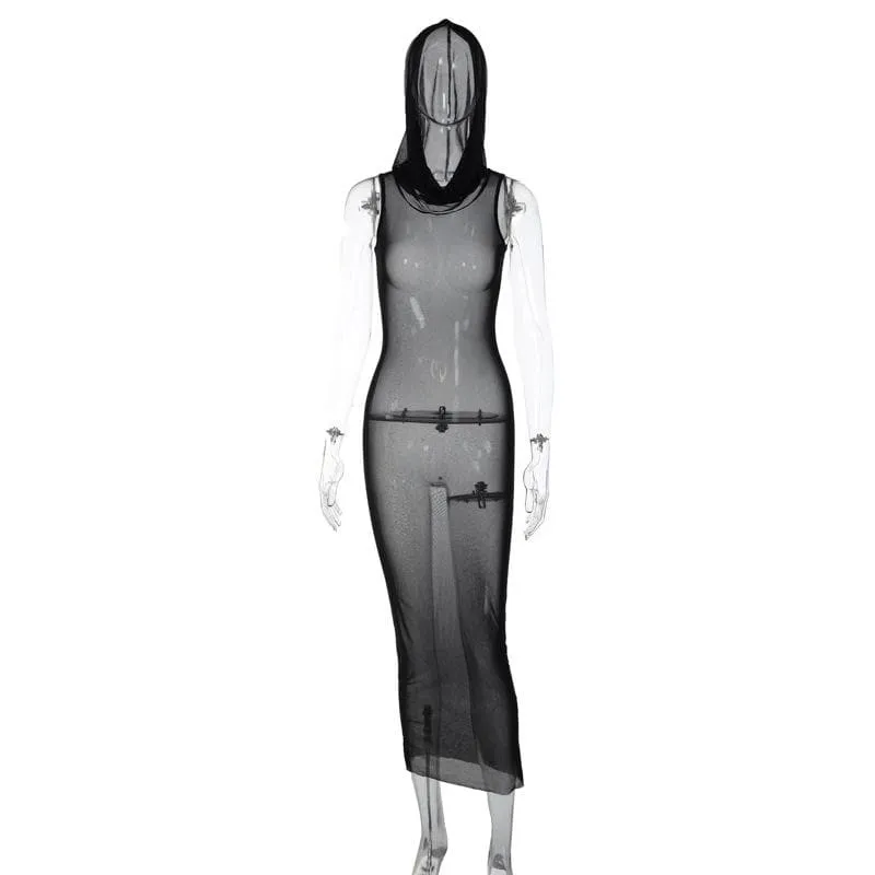 Sheer mesh see through hoodie sleeveless maxi dress  | samba dress