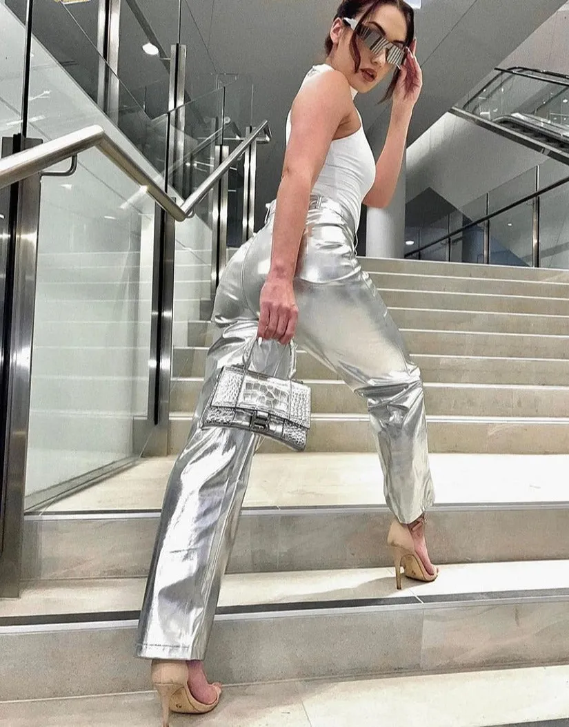 Silver Coated Straight Leg Pants