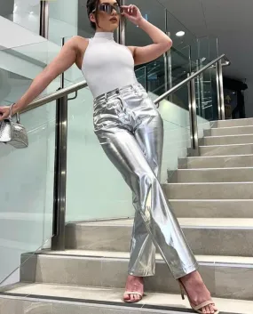 Silver Coated Straight Leg Pants