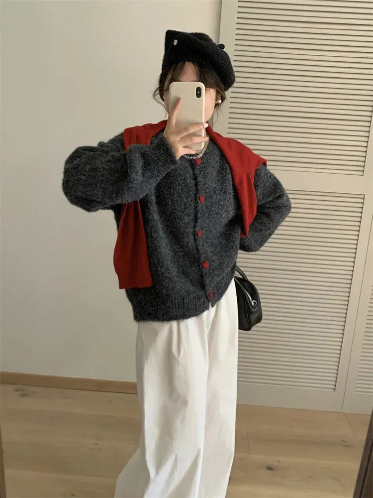 Soft Knit Heart-Shaped Long Sleeve Cardigan