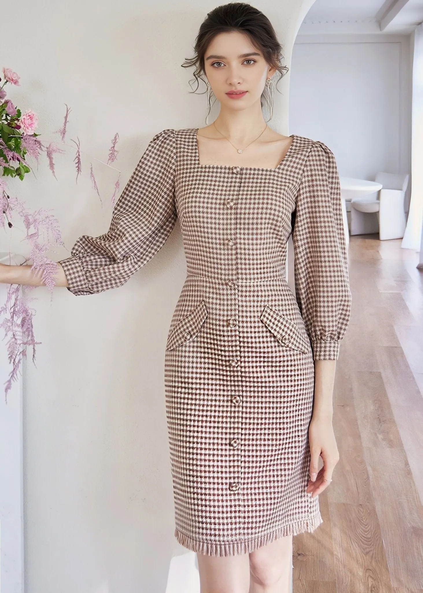 SQUARE PUFF SLEEVE LATTICE DRESS