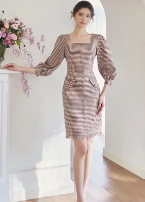 SQUARE PUFF SLEEVE LATTICE DRESS