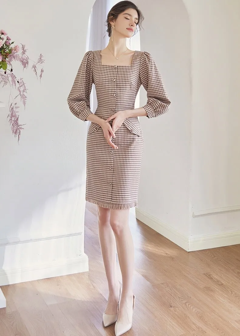SQUARE PUFF SLEEVE LATTICE DRESS