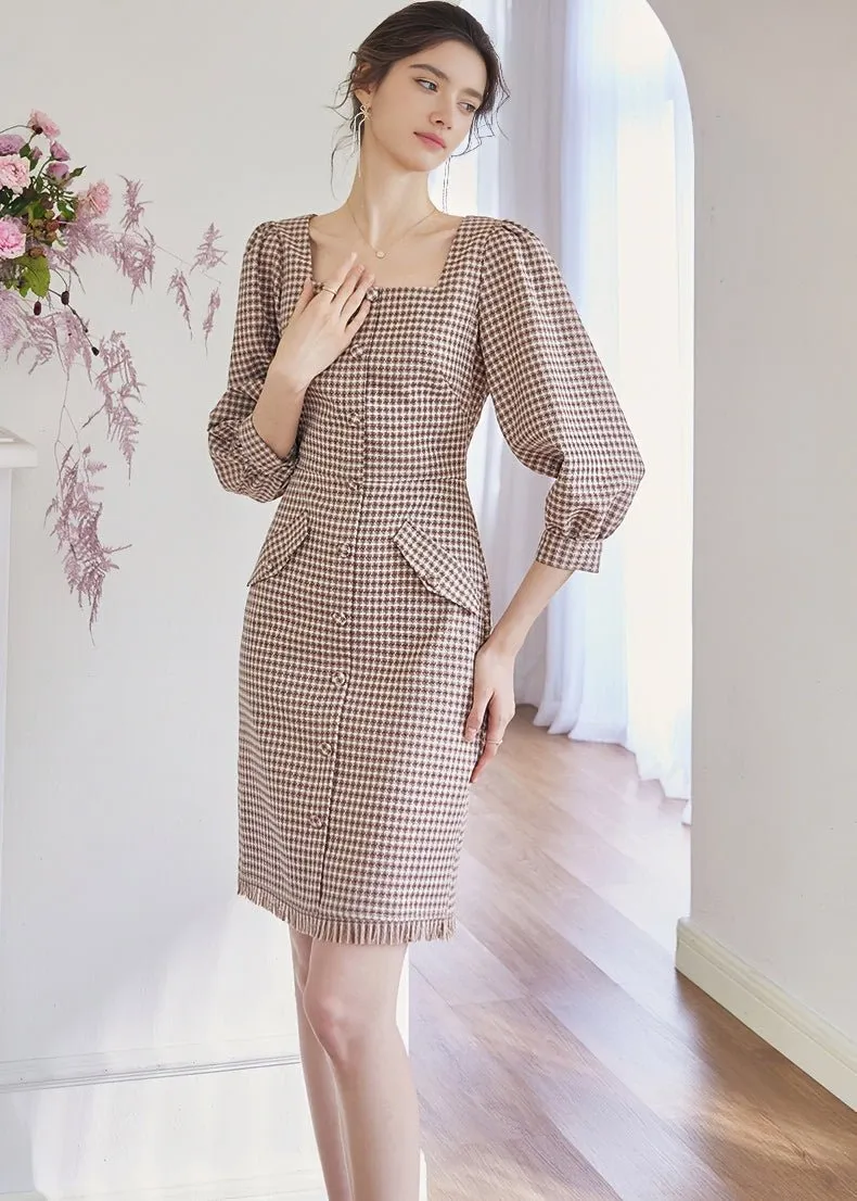 SQUARE PUFF SLEEVE LATTICE DRESS