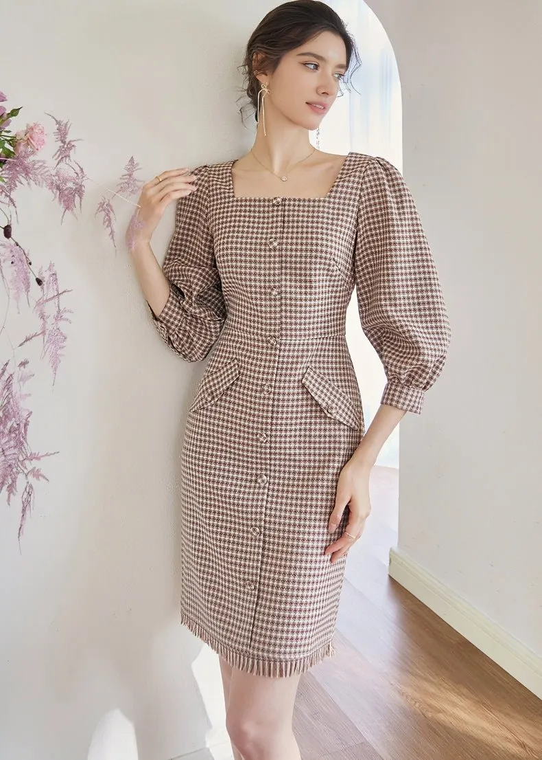 SQUARE PUFF SLEEVE LATTICE DRESS