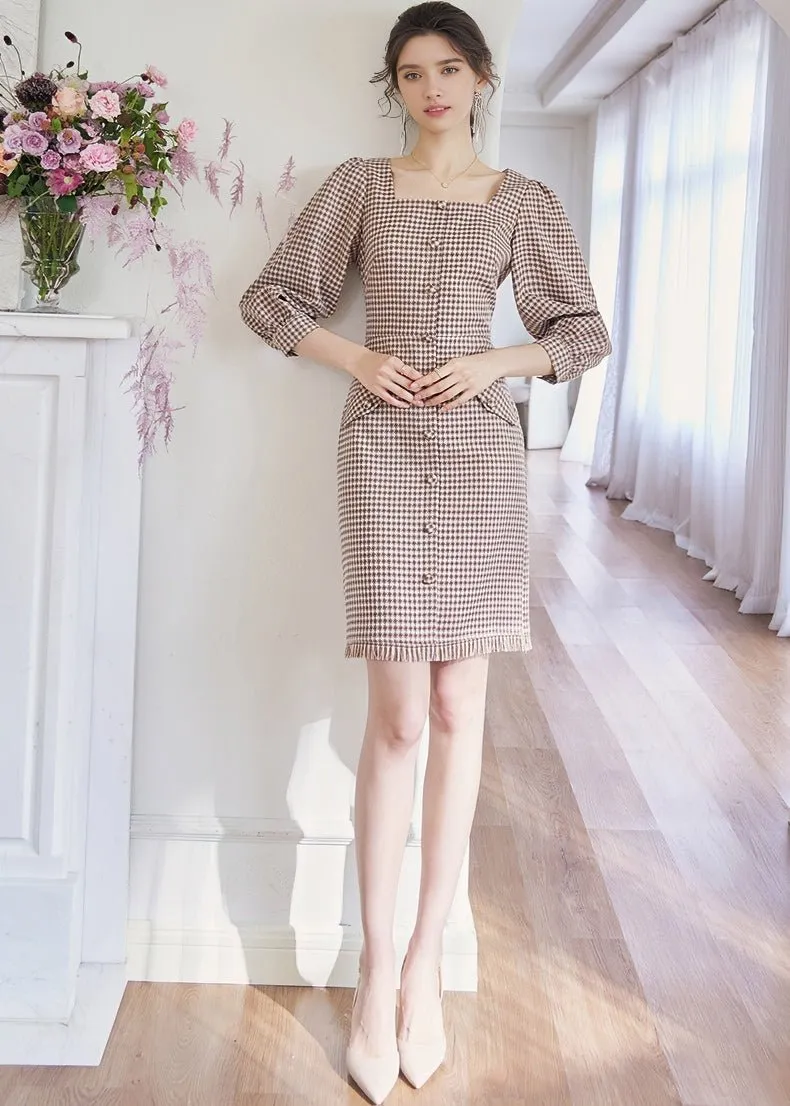 SQUARE PUFF SLEEVE LATTICE DRESS