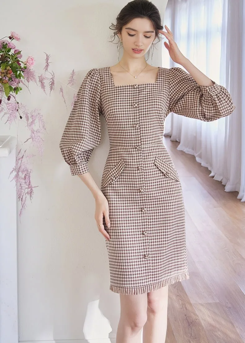 SQUARE PUFF SLEEVE LATTICE DRESS