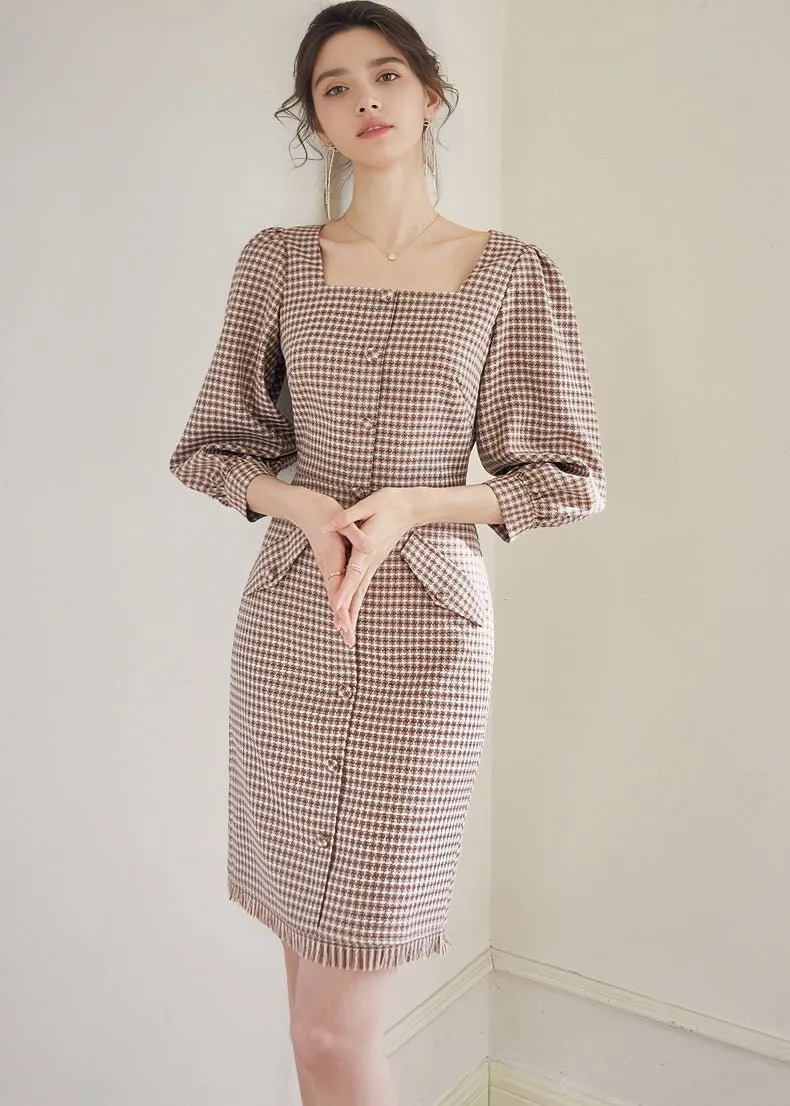 SQUARE PUFF SLEEVE LATTICE DRESS